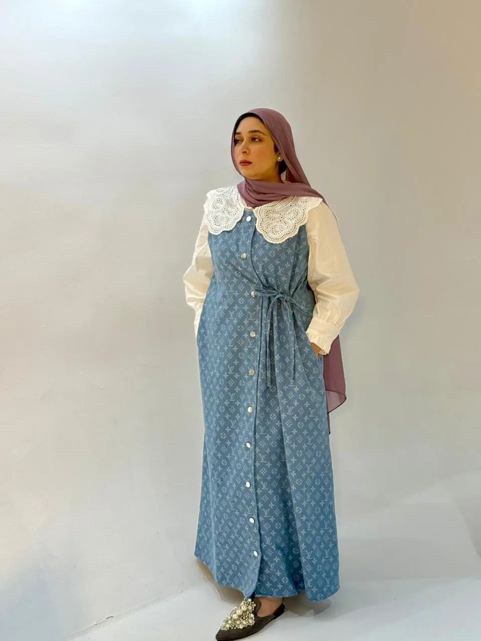 Tamara Soft Denim Printed Dress without shirt - بدون شميز