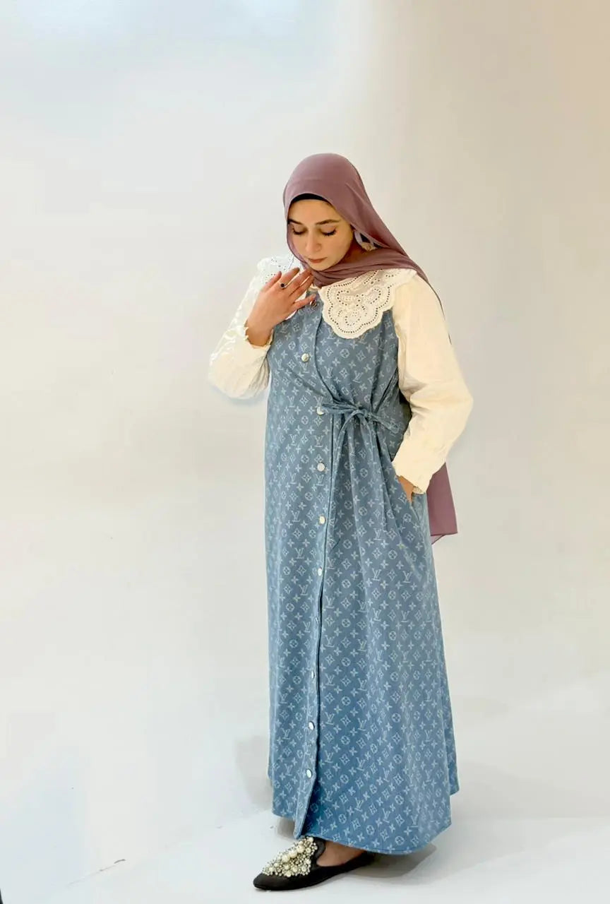 Tamara Soft Denim Printed Dress without shirt - بدون شميز